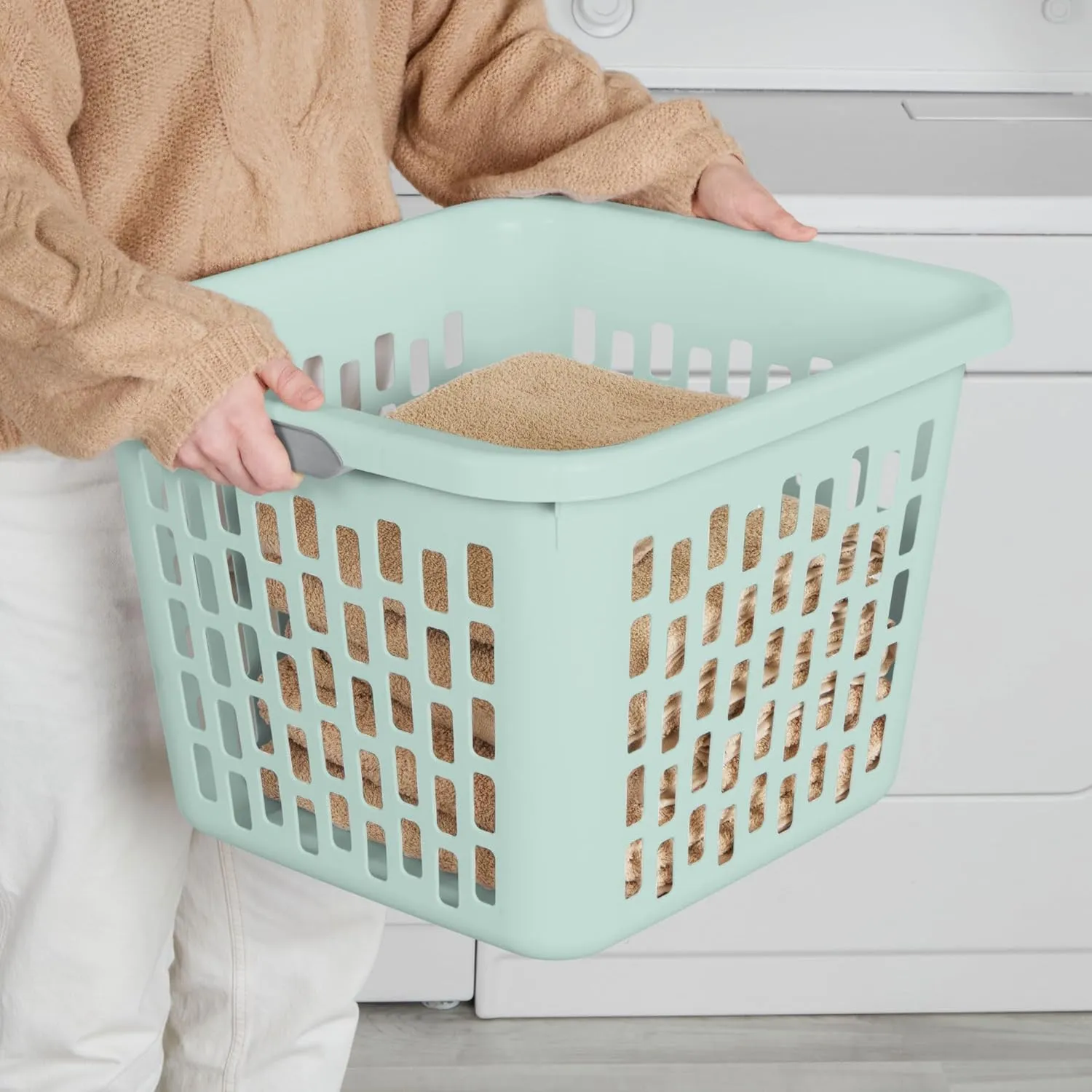 Sterilite Laundry Basket, Plastic Clothes Hamper, Large Square Bin with Comfort Grip Handles and Reinforced Rim, 1.5 Bushel Capacity, Mint, 6 Pack