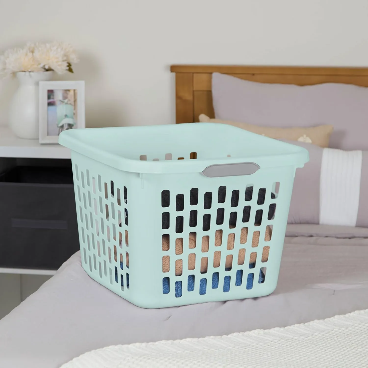 Sterilite Laundry Basket, Plastic Clothes Hamper, Large Square Bin with Comfort Grip Handles and Reinforced Rim, 1.5 Bushel Capacity, Mint, 6 Pack