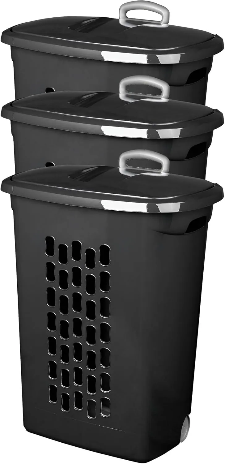 Sterilite Ultra Laundry Hamper, Wheeled Plastic Clothes Bin with Retractable Secure Grip Handle, Reinforced Rim, and Flip-Top Lid, Black, 3 Pack