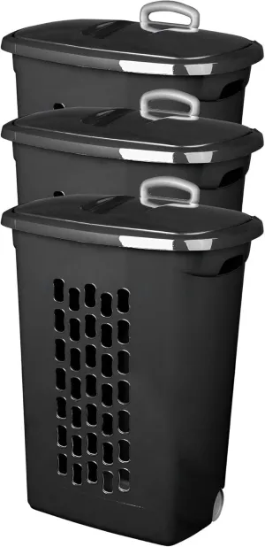 Sterilite Ultra Laundry Hamper, Wheeled Plastic Clothes Bin with Retractable Secure Grip Handle, Reinforced Rim, and Flip-Top Lid, Black, 3 Pack