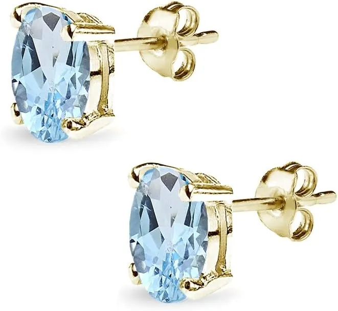 Sterling Silver Blue Topaz Oval-Cut Solitaire Stud Earrings for Women