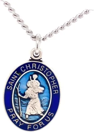 Sterling Silver Two Toned Enamel St. Christopher Pendant For Father's Day 24" NI-11668 Christian Amulet Medal Pendant Religious Protector Jewelry For Men Women Catholic Charm Dangle