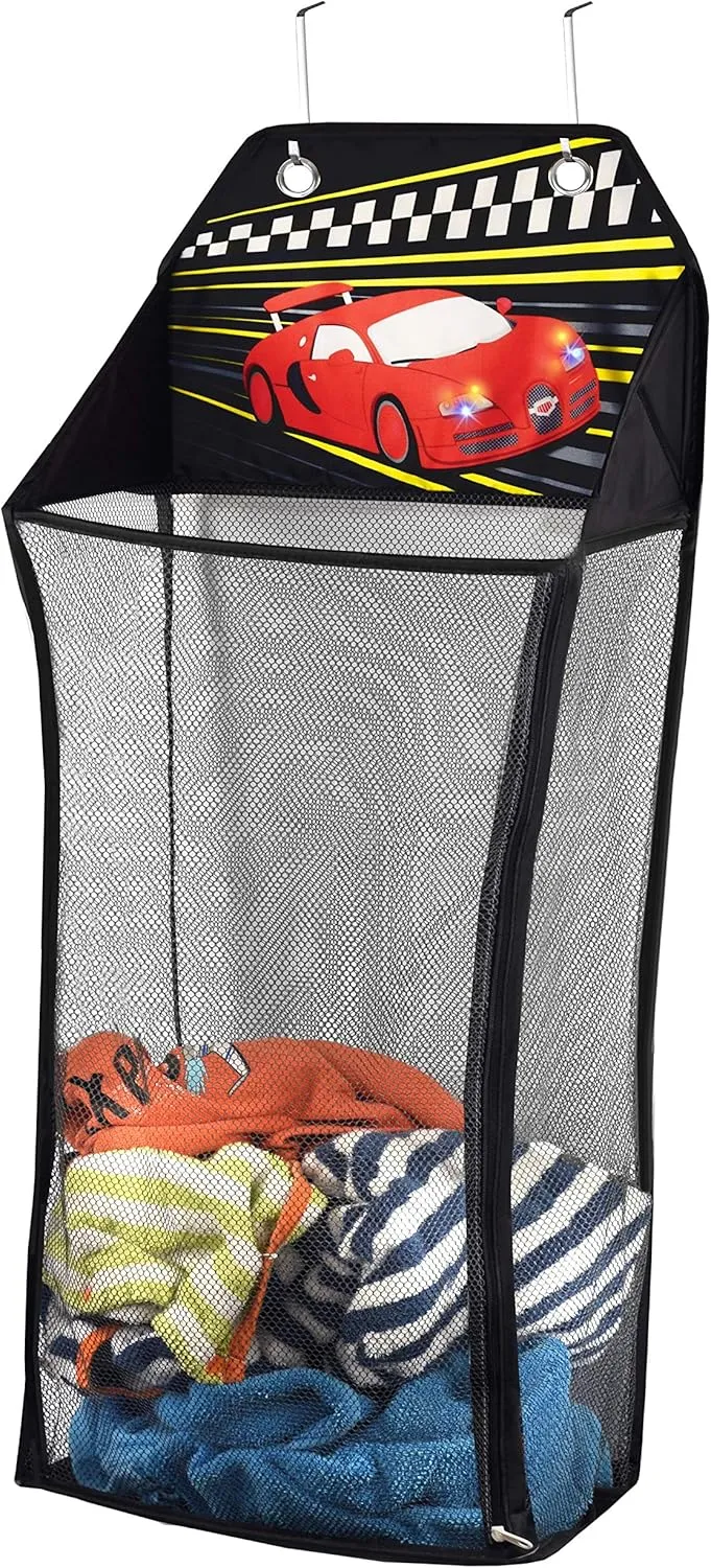 Store&Score Over The Door Hanging Kids Fun LED Race Car Light-Up Collapsible Mesh Laundry Hamper, Toy Chest, Metal Hooks Included