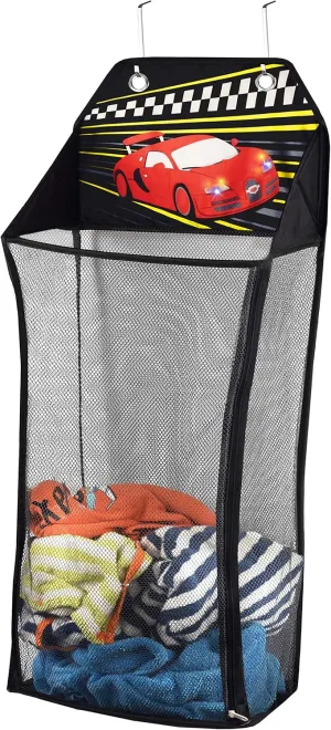 Store&Score Over The Door Hanging Kids Fun LED Race Car Light-Up Collapsible Mesh Laundry Hamper, Toy Chest, Metal Hooks Included