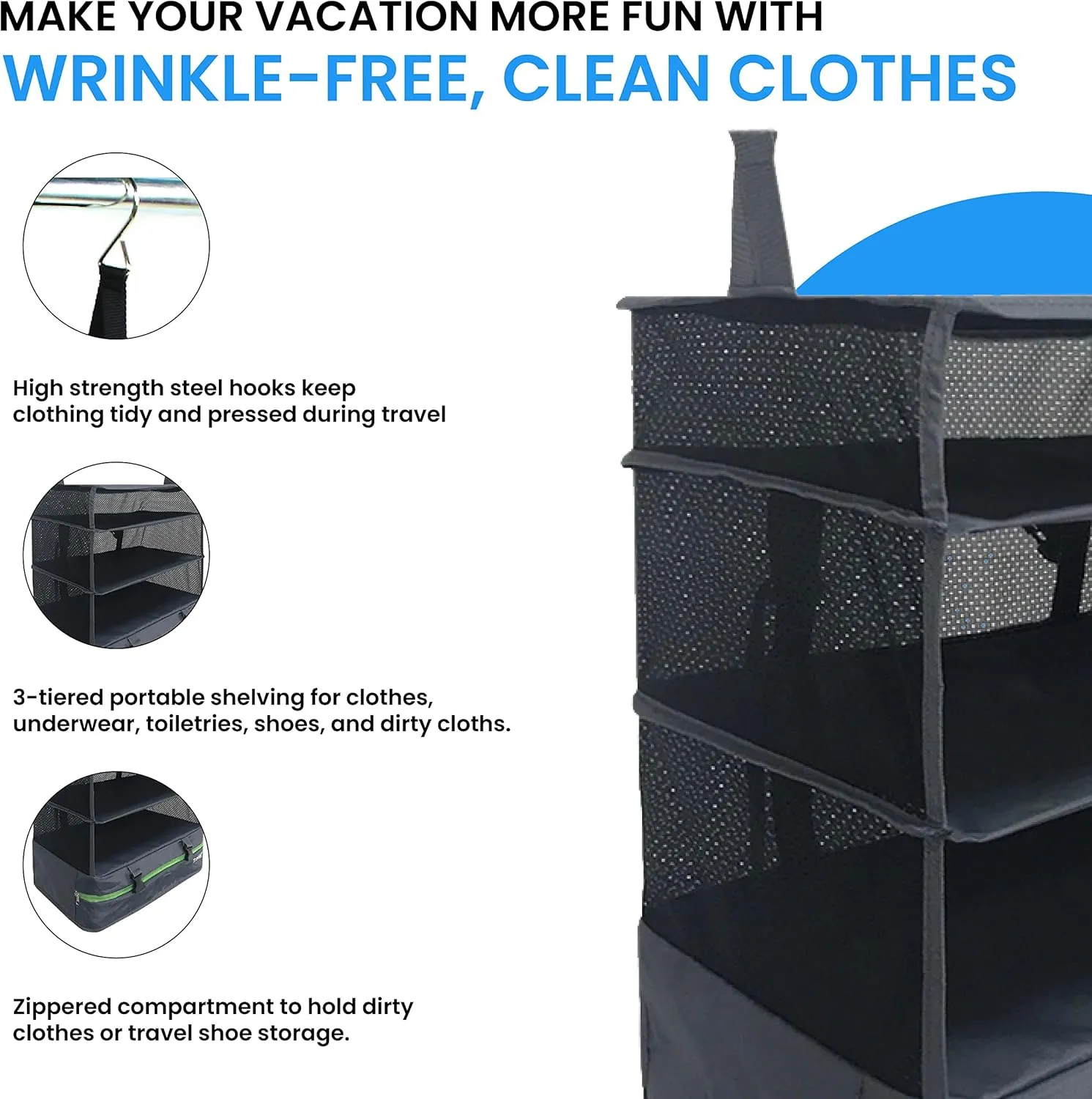 Stow-N-Go Portable Hanging Travel Shelves, Packing Organizer for Luggage. Carry on Closet for Clothes. Expandable Packing Cube. Travel Essentials. Dak Gray - XL
