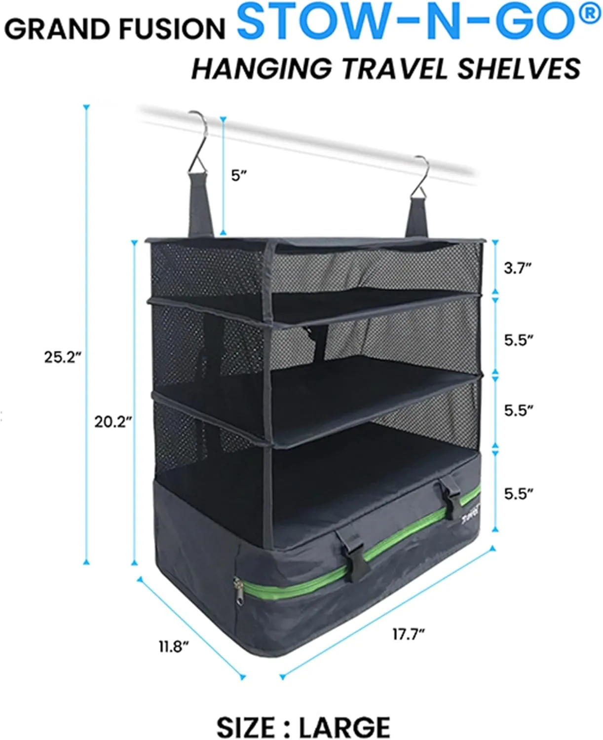 Stow-N-Go Portable Hanging Travel Shelves, Packing Organizer for Luggage. Carry on Closet for Clothes. Expandable Packing Cube. Travel Essentials. Dak Gray - XL