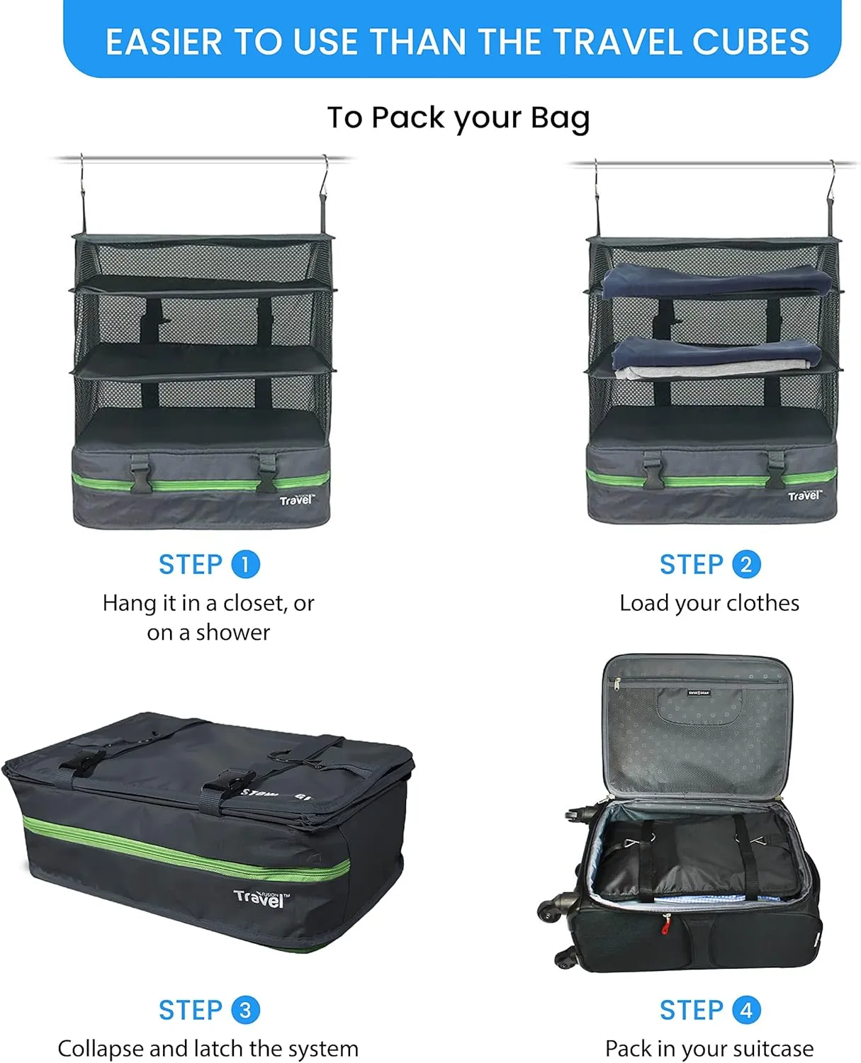 Stow-N-Go Portable Hanging Travel Shelves, Packing Organizer for Luggage. Carry on Closet for Clothes. Expandable Packing Cube. Travel Essentials. Dak Gray - XL