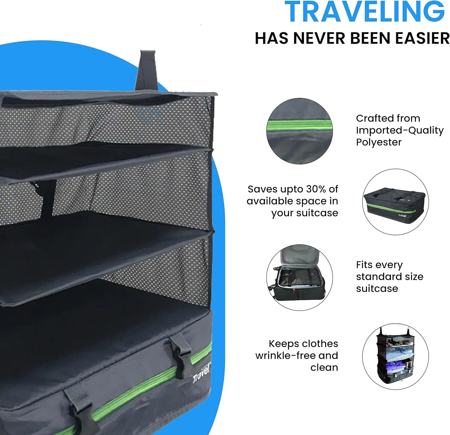 Stow-N-Go Portable Hanging Travel Shelves, Packing Organizer for Luggage. Carry on Closet for Clothes. Expandable Packing Cube. Travel Essentials. Dak Gray - XL