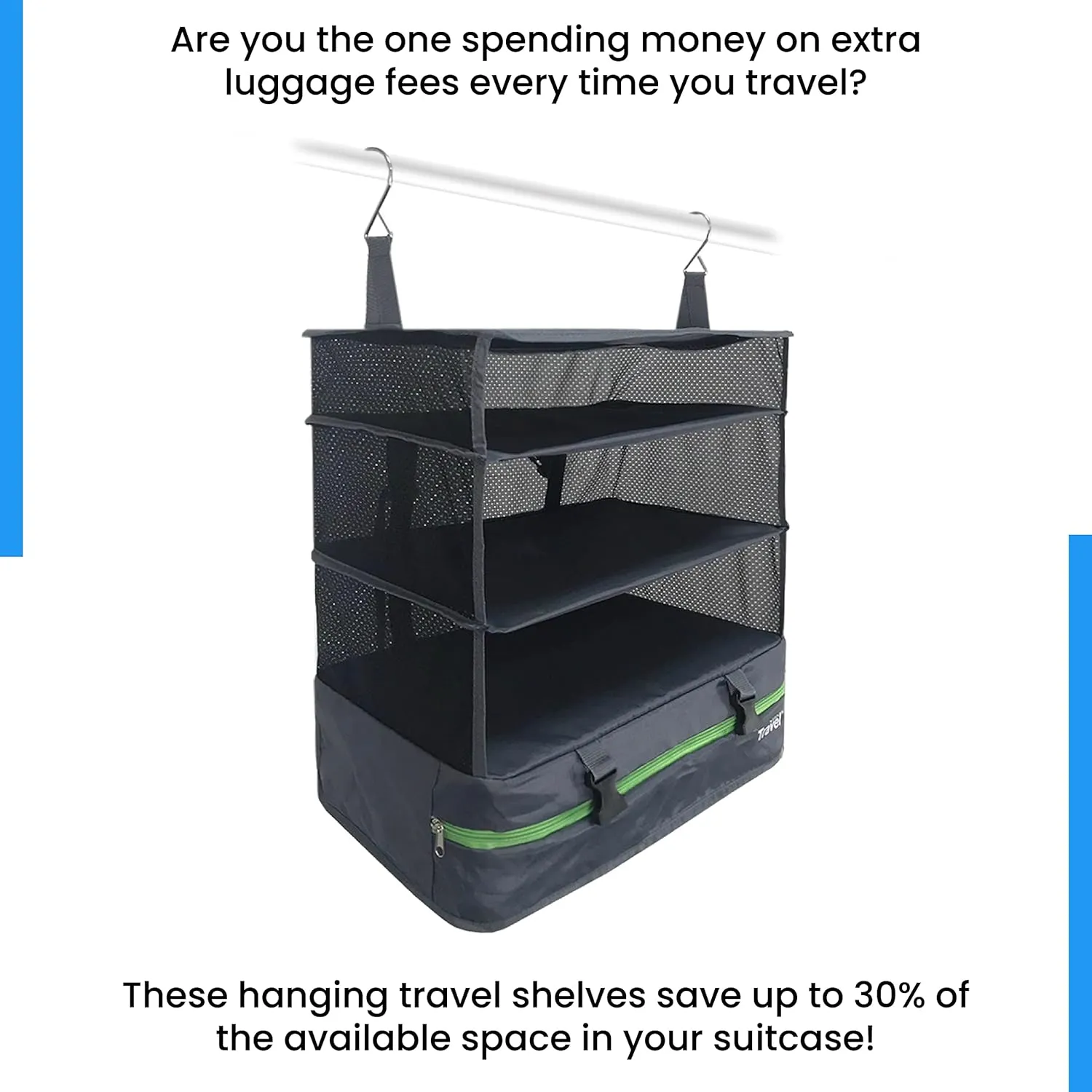 Stow-N-Go Portable Hanging Travel Shelves, Packing Organizer for Luggage. Carry on Closet for Clothes. Expandable Packing Cube. Travel Essentials. Dak Gray - XL