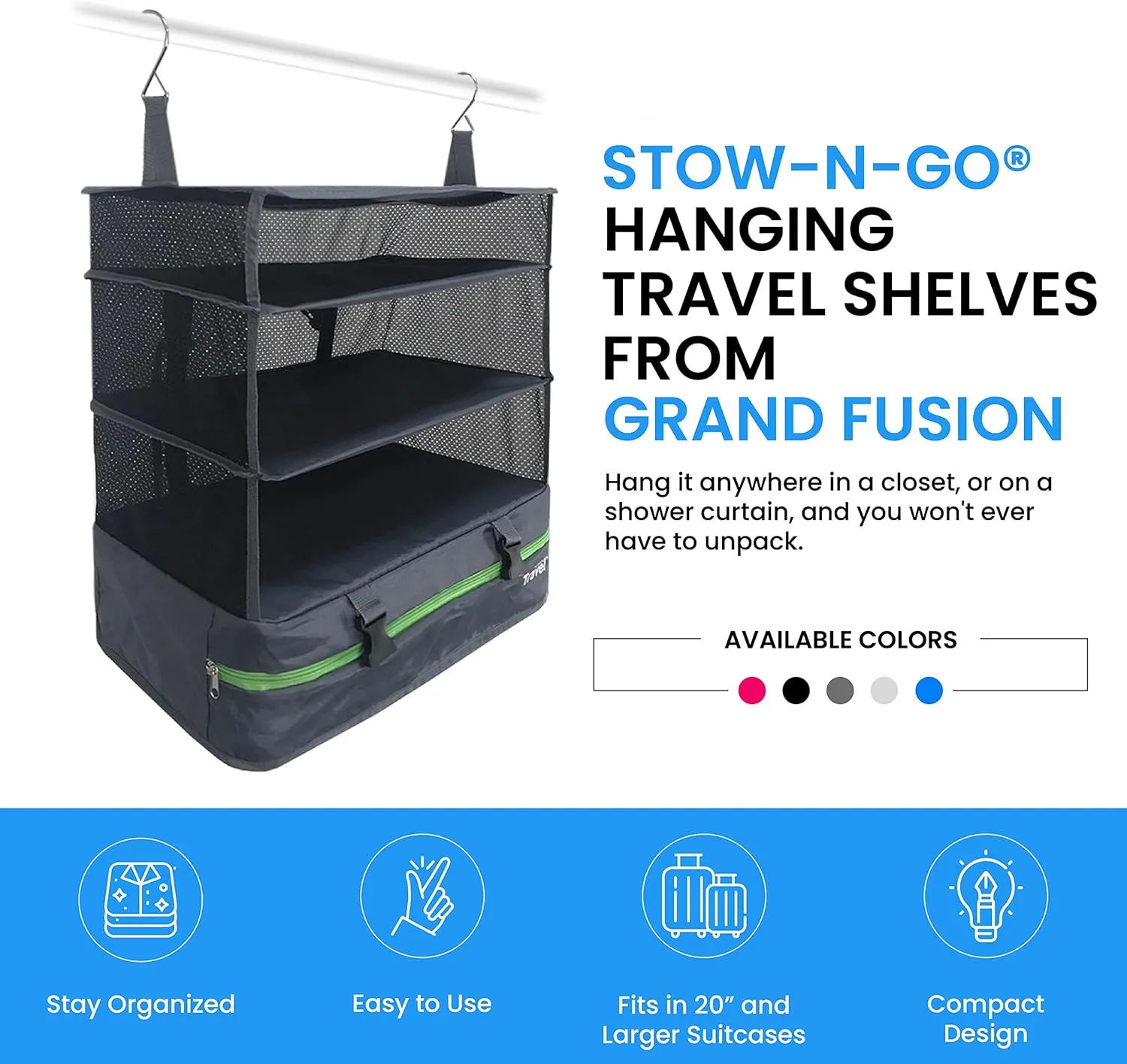 Stow-N-Go Portable Hanging Travel Shelves, Packing Organizer for Luggage. Carry on Closet for Clothes. Expandable Packing Cube. Travel Essentials. Dak Gray - XL