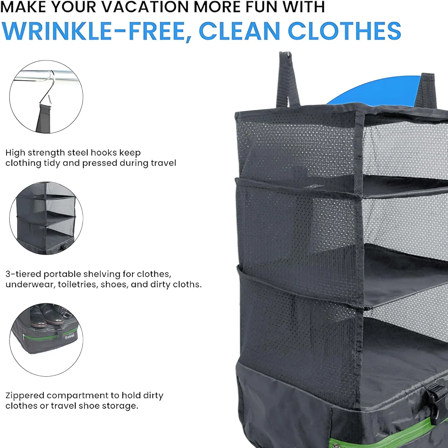 Stow-N-Go Portable Hanging Travel Shelves, Packing Organizer for Luggage. Carry on Closet for Clothes. Expandable Packing Cube. Travel Essentials. (Dark Gray - L, L = (L) 11.8" x (W) 11.8")