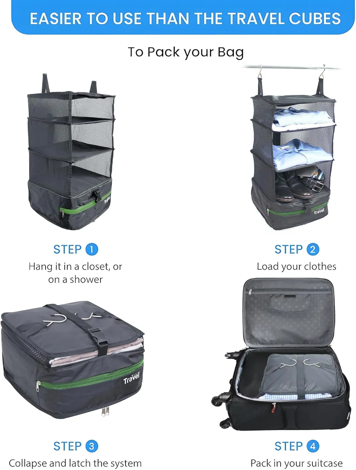 Stow-N-Go Portable Hanging Travel Shelves, Packing Organizer for Luggage. Carry on Closet for Clothes. Expandable Packing Cube. Travel Essentials. (Dark Gray - L, L = (L) 11.8" x (W) 11.8")