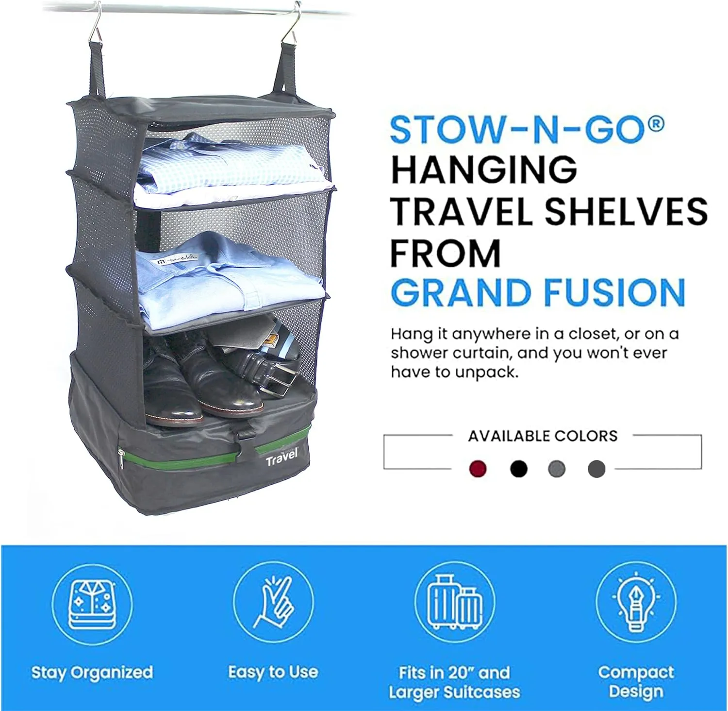 Stow-N-Go Portable Hanging Travel Shelves, Packing Organizer for Luggage. Carry on Closet for Clothes. Expandable Packing Cube. Travel Essentials. (Dark Gray - L, L = (L) 11.8" x (W) 11.8")