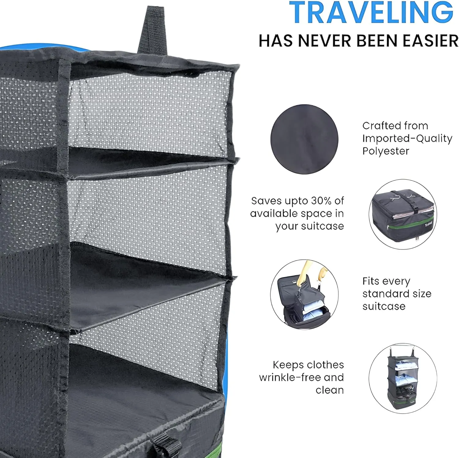 Stow-N-Go Portable Hanging Travel Shelves, Packing Organizer for Luggage. Carry on Closet for Clothes. Expandable Packing Cube. Travel Essentials. (Dark Gray - L, L = (L) 11.8" x (W) 11.8")