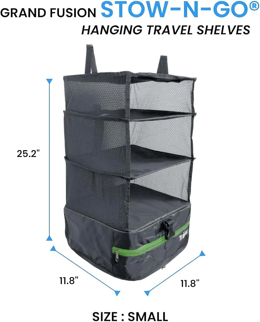 Stow-N-Go Portable Hanging Travel Shelves, Packing Organizer for Luggage. Carry on Closet for Clothes. Expandable Packing Cube. Travel Essentials. (Dark Gray - L, L = (L) 11.8" x (W) 11.8")
