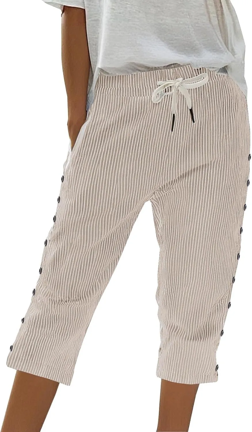 Striped Linen Capri Pants for Women Drawstring High Waist Straight Leg Lounge Pants Dressy Casual Summer 3/4 Trouser