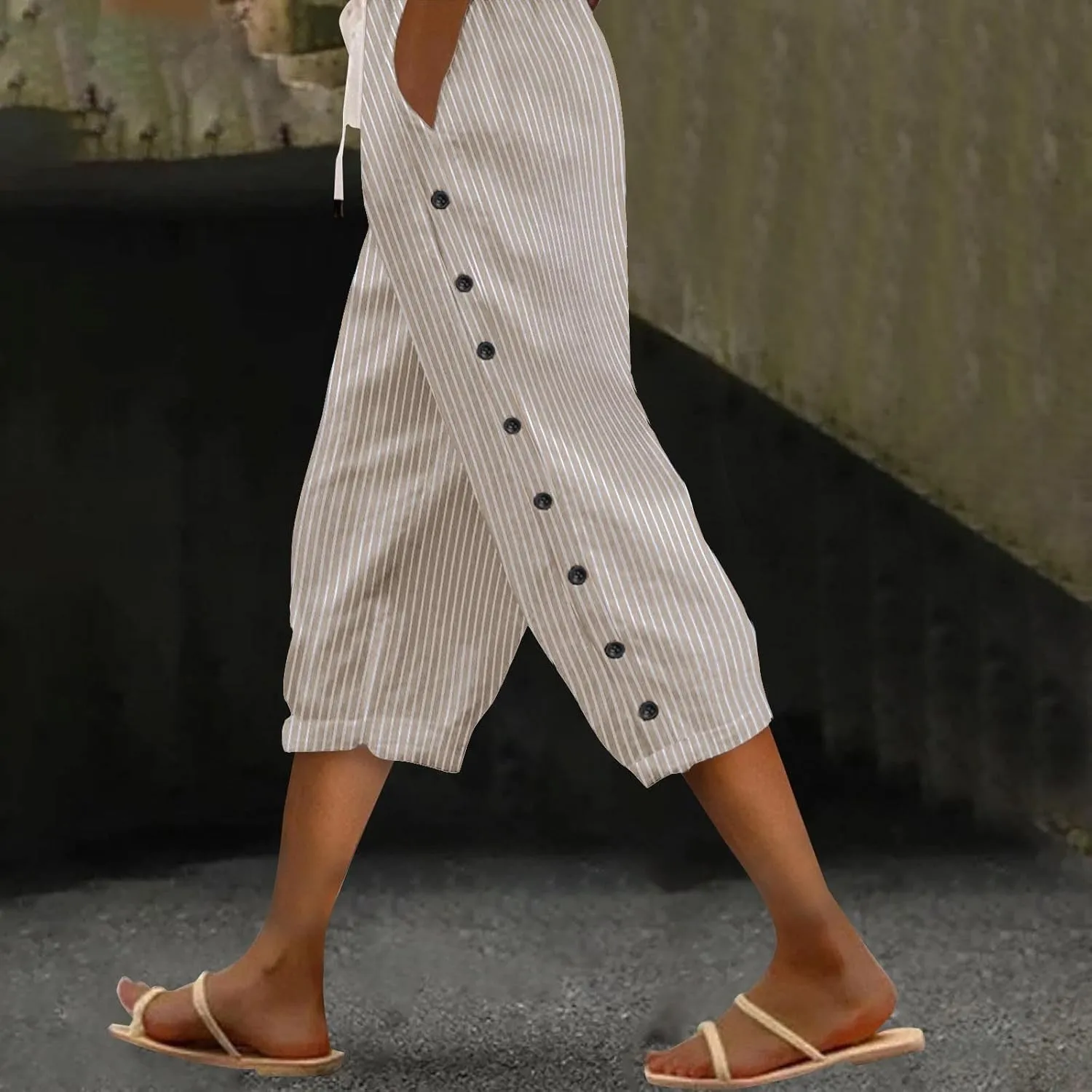 Striped Linen Capri Pants for Women Drawstring High Waist Straight Leg Lounge Pants Dressy Casual Summer 3/4 Trouser