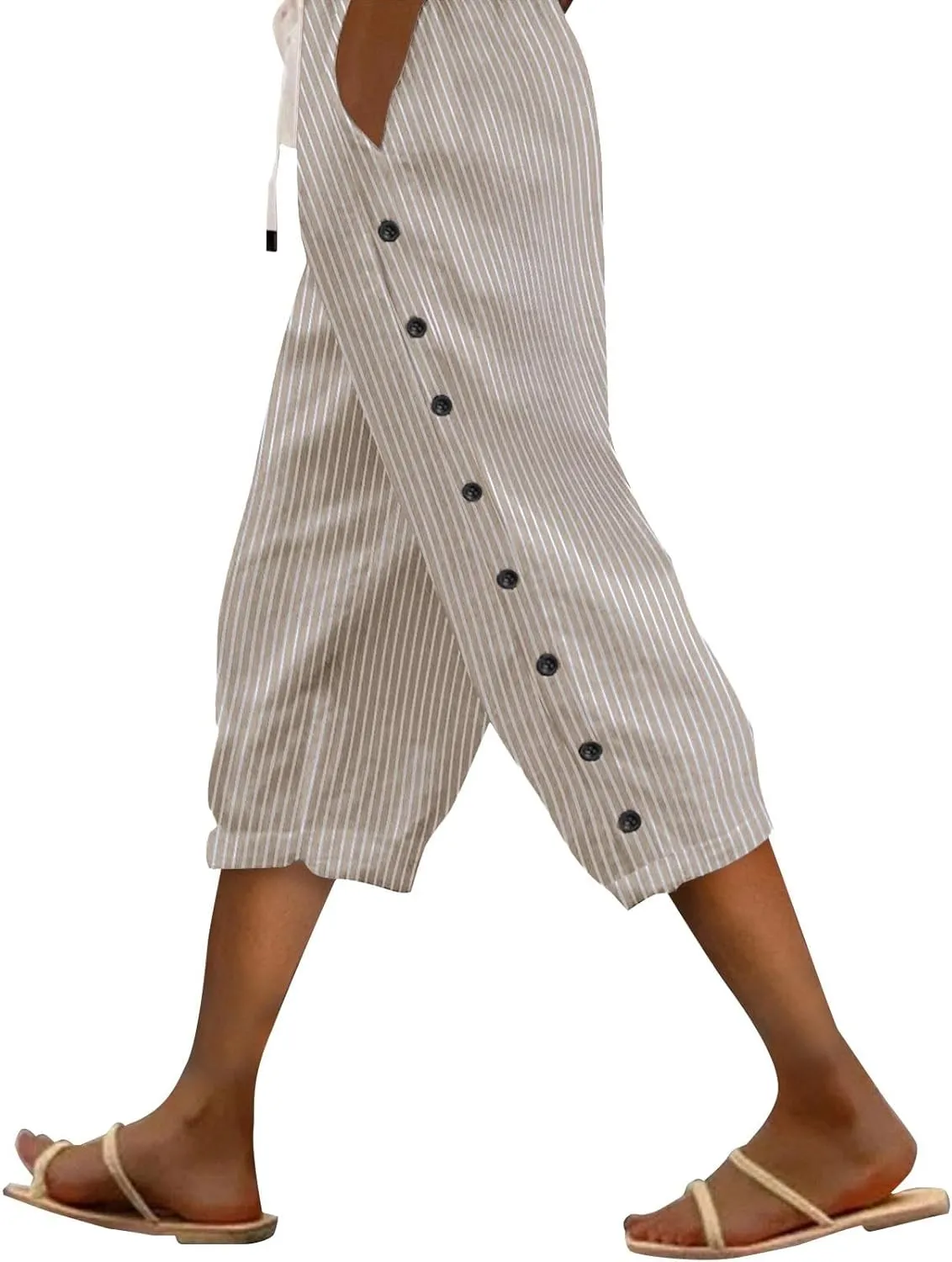 Striped Linen Capri Pants for Women Drawstring High Waist Straight Leg Lounge Pants Dressy Casual Summer 3/4 Trouser
