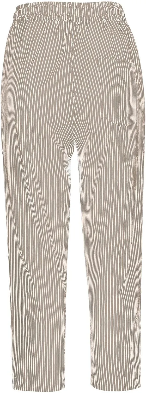 Striped Linen Capri Pants for Women Drawstring High Waist Straight Leg Lounge Pants Dressy Casual Summer 3/4 Trouser