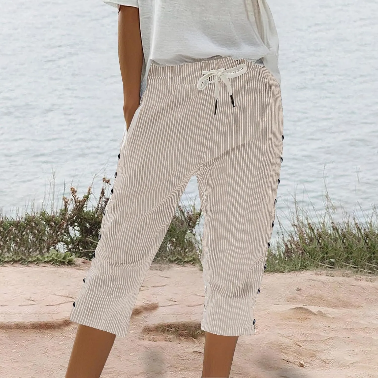 Striped Linen Capri Pants for Women Drawstring High Waist Straight Leg Lounge Pants Dressy Casual Summer 3/4 Trouser