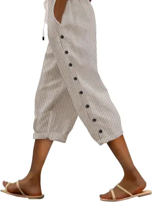 Striped Linen Capri Pants for Women Drawstring High Waist Straight Leg Lounge Pants Dressy Casual Summer 3/4 Trouser