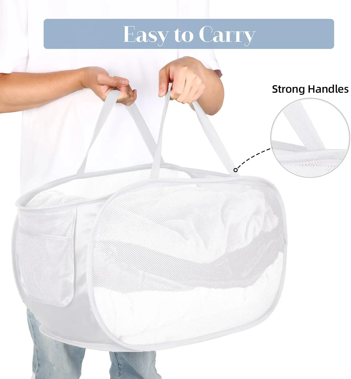Strong Mesh Pop Up Laundry Basket, Collapsible Laundry Hamper with Side Pocket, Foldable Clothes Hamper with Durable Reinforced Handles for Laundry, Bathroom, Kids Room, Dorm or Travel 2 Pack White