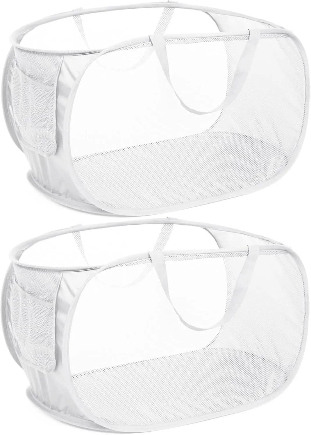Strong Mesh Pop Up Laundry Basket, Collapsible Laundry Hamper with Side Pocket, Foldable Clothes Hamper with Durable Reinforced Handles for Laundry, Bathroom, Kids Room, Dorm or Travel 2 Pack White