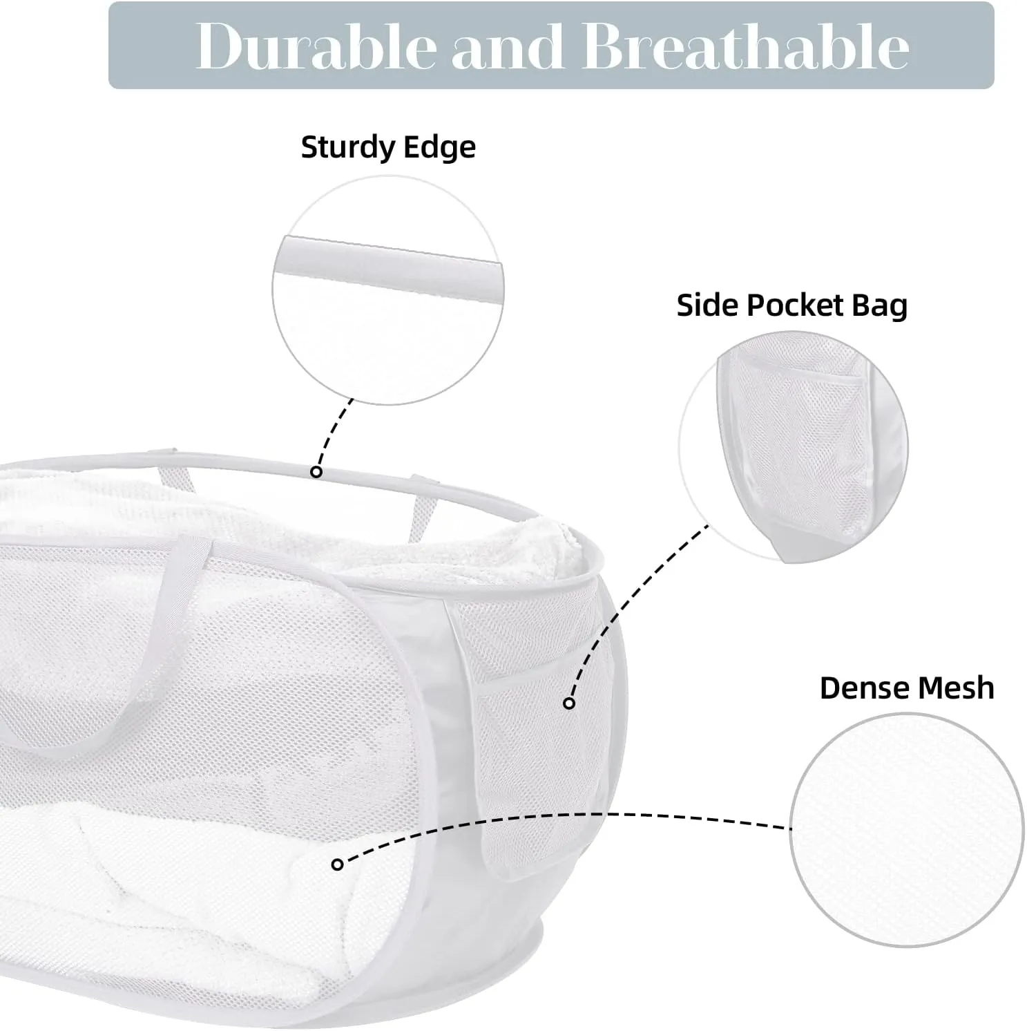 Strong Mesh Pop Up Laundry Basket, Collapsible Laundry Hamper with Side Pocket, Foldable Clothes Hamper with Durable Reinforced Handles for Laundry, Bathroom, Kids Room, Dorm or Travel 2 Pack White