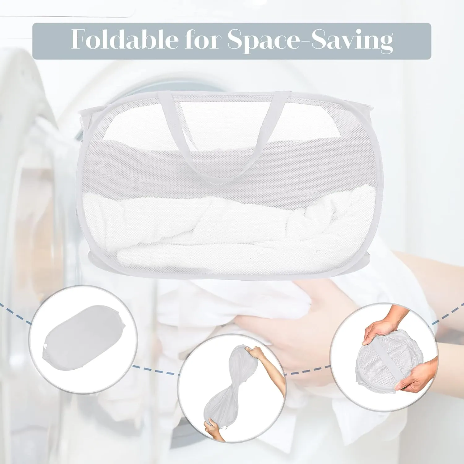 Strong Mesh Pop Up Laundry Basket, Collapsible Laundry Hamper with Side Pocket, Foldable Clothes Hamper with Durable Reinforced Handles for Laundry, Bathroom, Kids Room, Dorm or Travel 2 Pack White