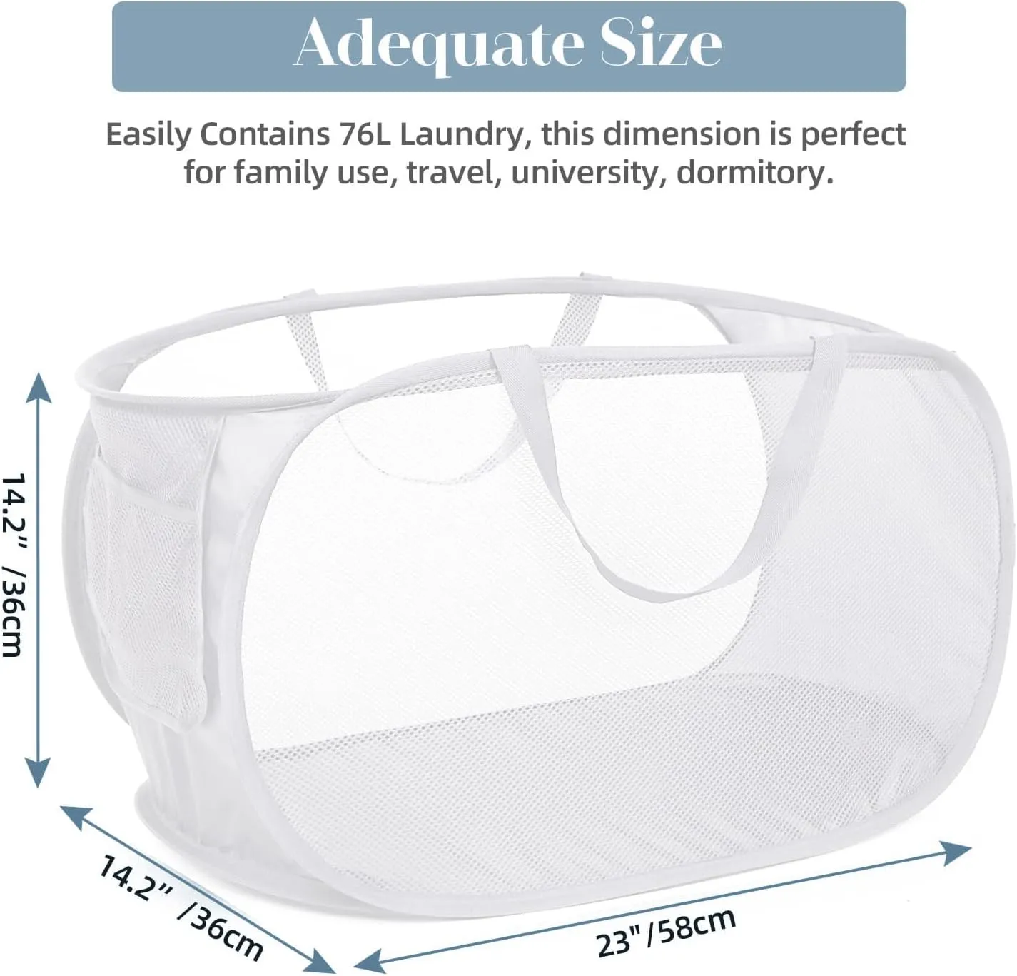 Strong Mesh Pop Up Laundry Basket, Collapsible Laundry Hamper with Side Pocket, Foldable Clothes Hamper with Durable Reinforced Handles for Laundry, Bathroom, Kids Room, Dorm or Travel 2 Pack White