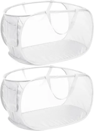 Strong Mesh Pop Up Laundry Basket, Collapsible Laundry Hamper with Side Pocket, Foldable Clothes Hamper with Durable Reinforced Handles for Laundry, Bathroom, Kids Room, Dorm or Travel 2 Pack White