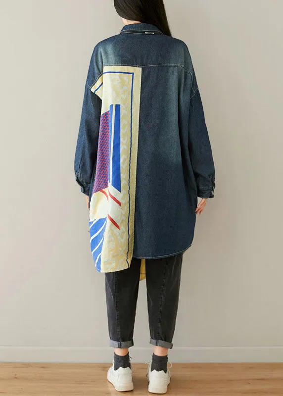Style Blue Asymmetrical Pockets Patchwork Cotton denim Coats