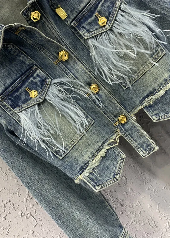 Stylish Blue Tasseled Rivet Patchwork Denim Jacket Fall