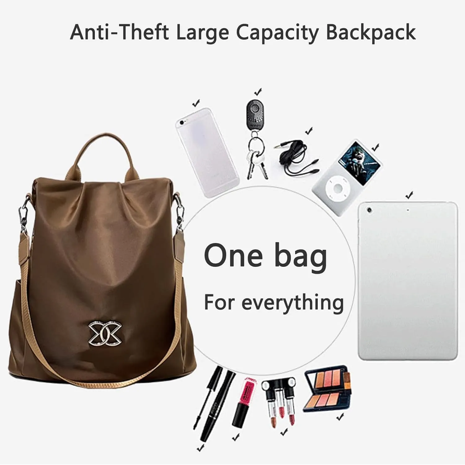 Subscrsidewa Anti-Theft Large Capacity Backpack, Travel Safe Backpack Anti Theft Women, Leisure Shoulder Bag for Women (Brown)