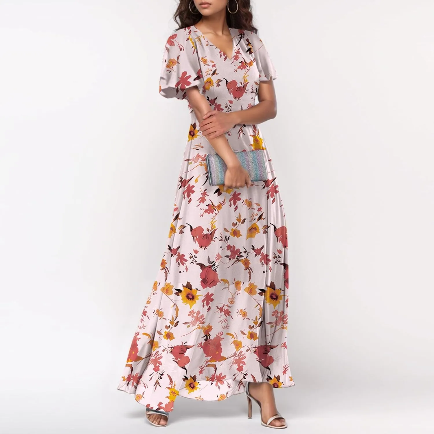 Summer Dress,Wedding Guest Floral Maxi Dress Short Sleeve Flowy Party Women's Casual Dresses