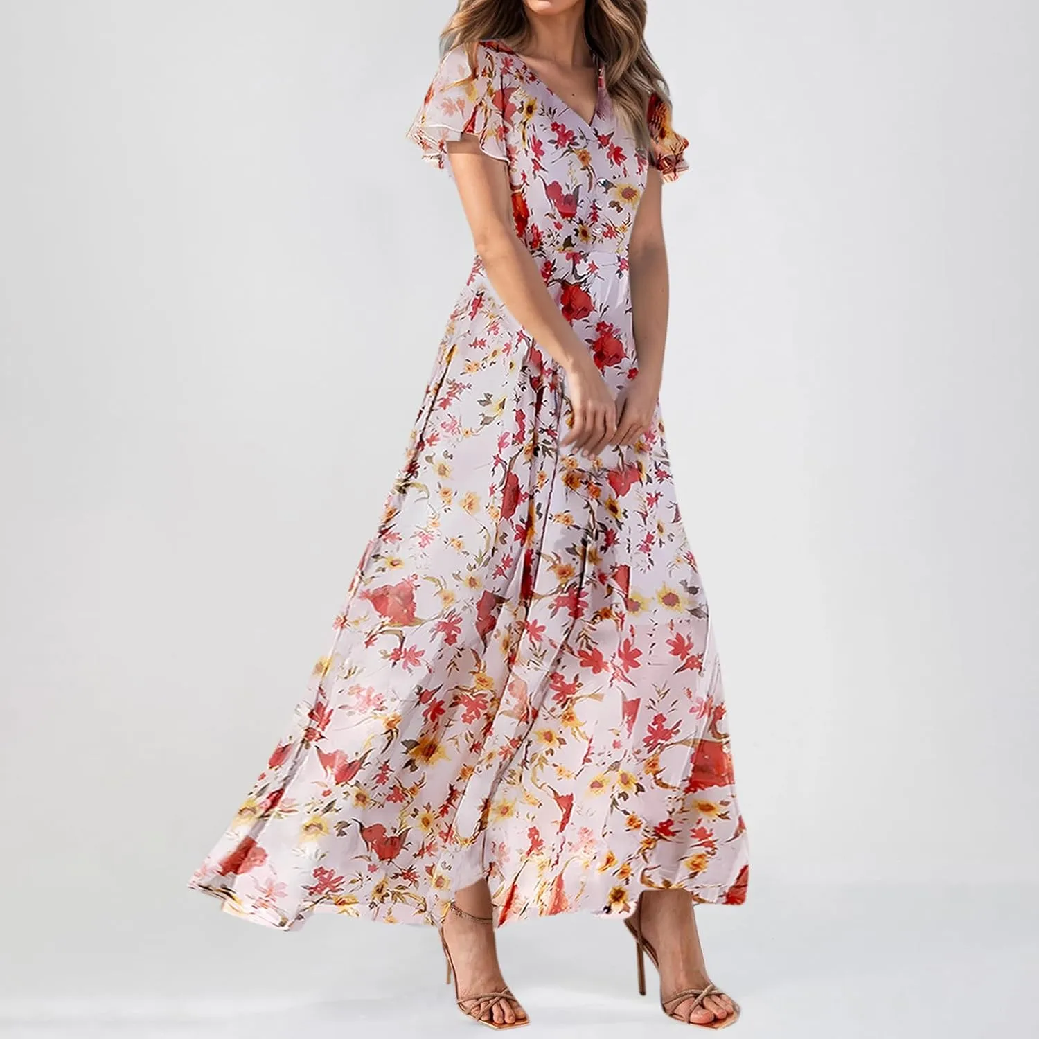Summer Dress,Wedding Guest Floral Maxi Dress Short Sleeve Flowy Party Women's Casual Dresses