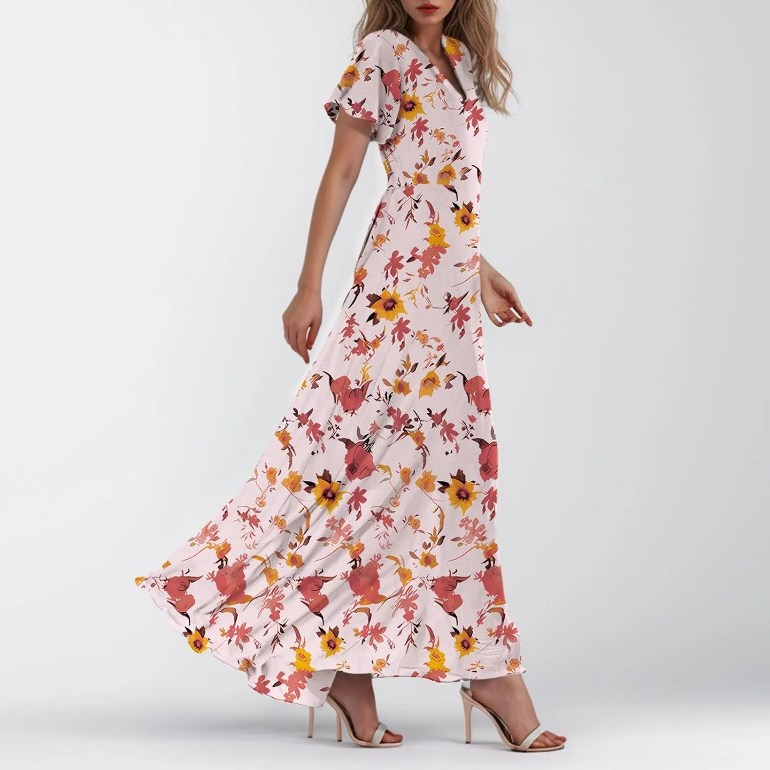 Summer Dress,Wedding Guest Floral Maxi Dress Short Sleeve Flowy Party Women's Casual Dresses