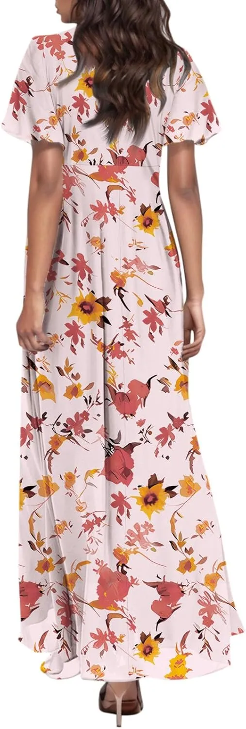 Summer Dress,Wedding Guest Floral Maxi Dress Short Sleeve Flowy Party Women's Casual Dresses
