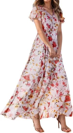 Summer Dress,Wedding Guest Floral Maxi Dress Short Sleeve Flowy Party Women's Casual Dresses