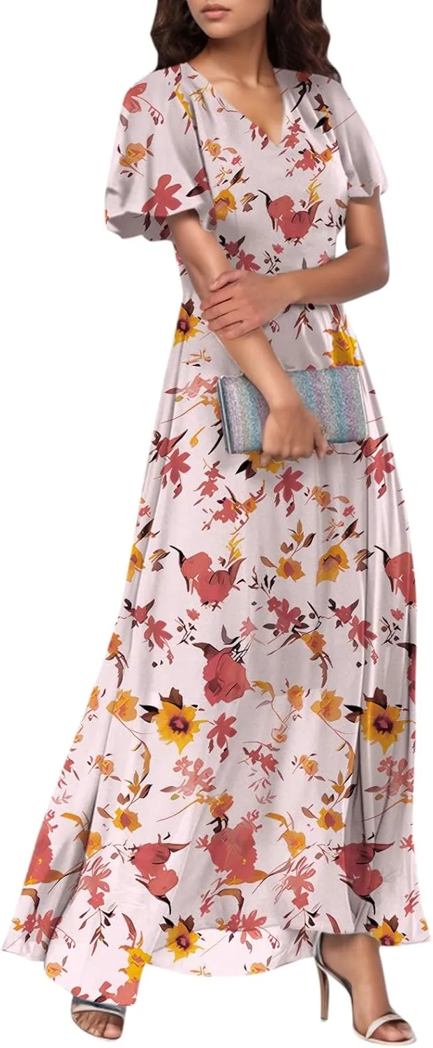 Summer Dress,Wedding Guest Floral Maxi Dress Short Sleeve Flowy Party Women's Casual Dresses