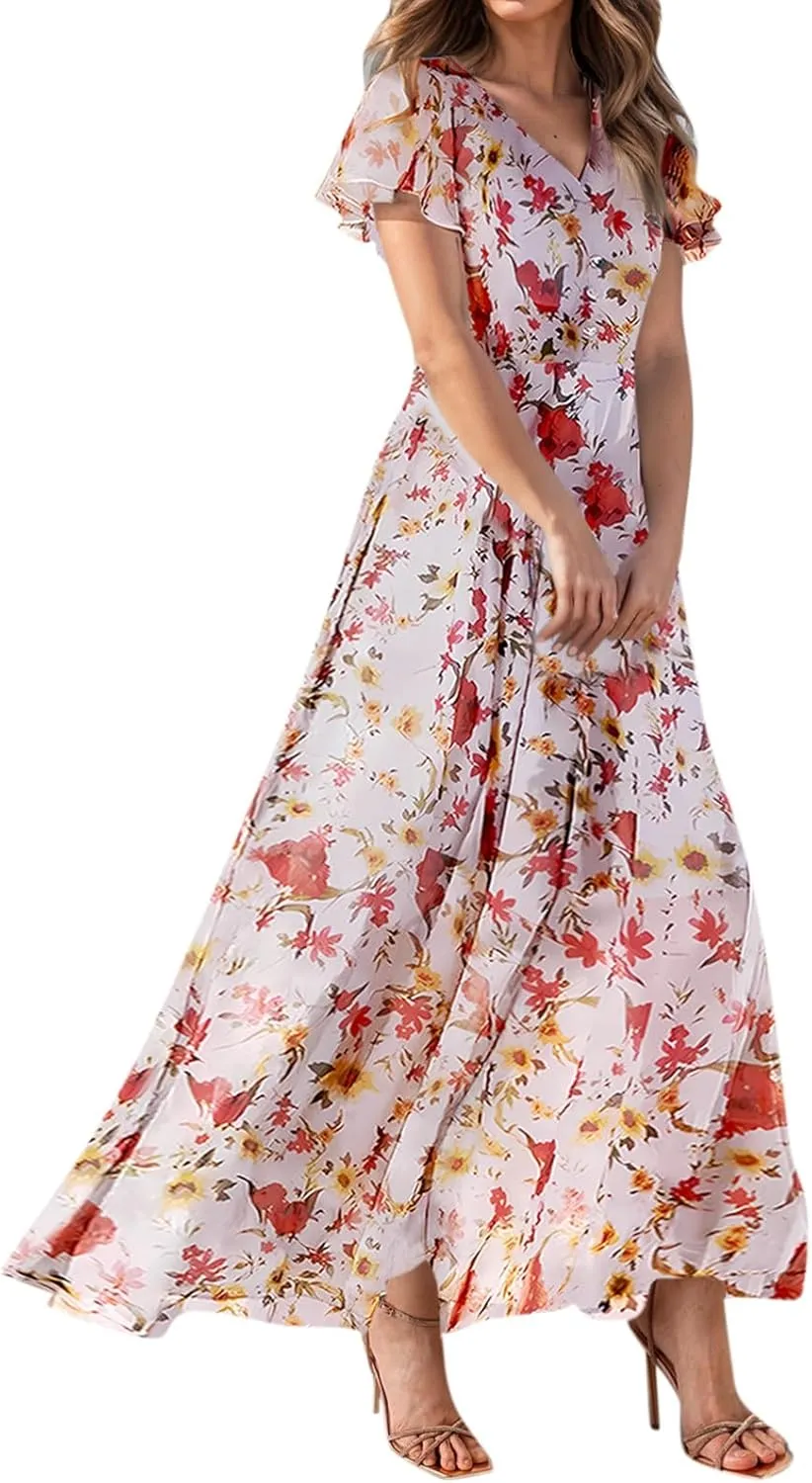 Summer Dress,Wedding Guest Floral Maxi Dress Short Sleeve Flowy Party Women's Casual Dresses