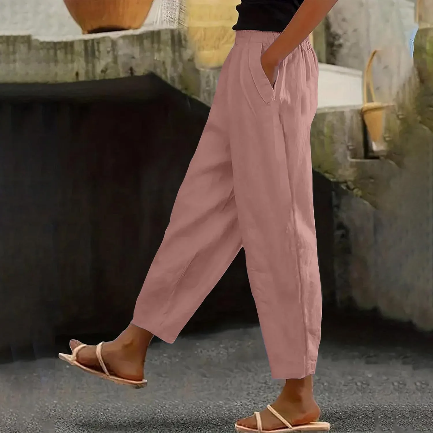 Summer Pants for Women 2024 Casual Baggy High Waist Beach Lounge Pants Loose Fit Wide Leg Capris Linen Pants Trousers
