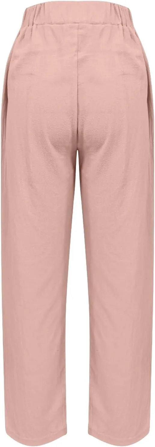 Summer Pants for Women 2024 Casual Baggy High Waist Beach Lounge Pants Loose Fit Wide Leg Capris Linen Pants Trousers