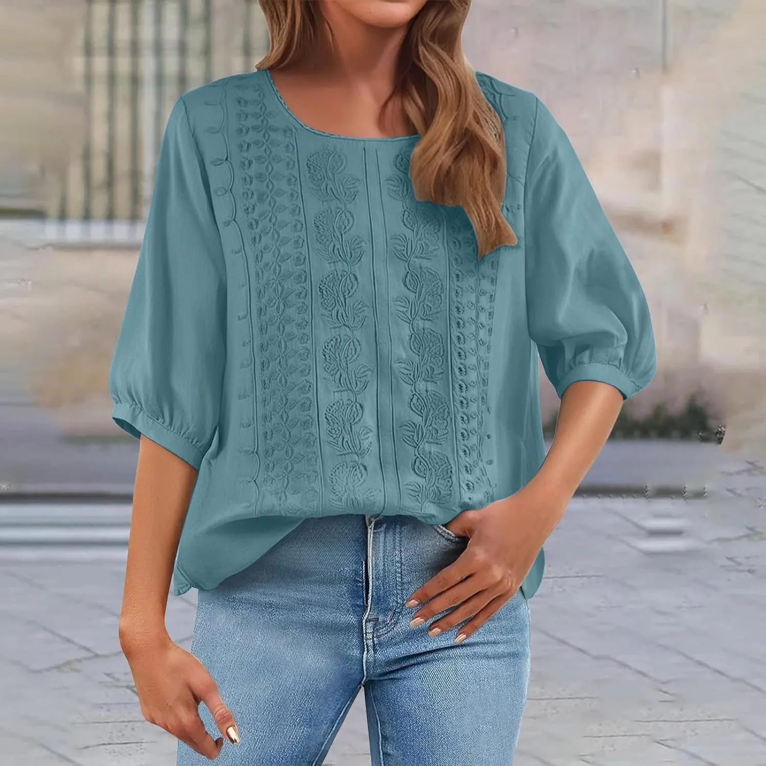 Summer Tops for Women 2025 Trendy V Neck Roll Up 3/4 Sleeve Lapel Blouse Tops Blouses Summer Plus Size Linen