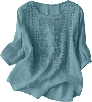 Summer Tops for Women 2025 Trendy V Neck Roll Up 3/4 Sleeve Lapel Blouse Tops Blouses Summer Plus Size Linen
