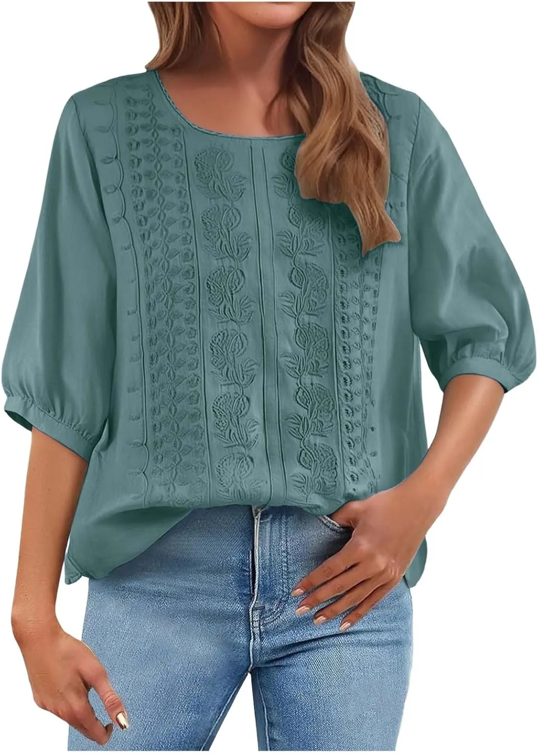 Summer Tops for Women 2025 Trendy V Neck Roll Up 3/4 Sleeve Lapel Blouse Tops Blouses Summer Plus Size Linen