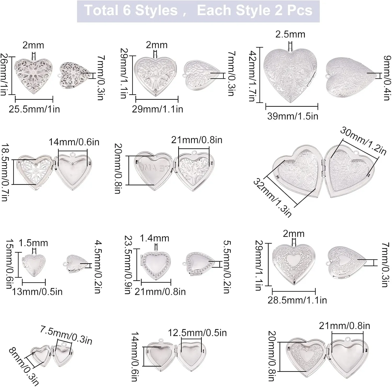 SUNNYCLUE 1 Box 12Pcs 6 Style Stainless Steel Photo Frame Charm Diffuser Locket Pendants Silver Heart Locket Photo Frame pendants for Jewelry Making Charms Bracelet Necklace Earring DIY Craft Supplies