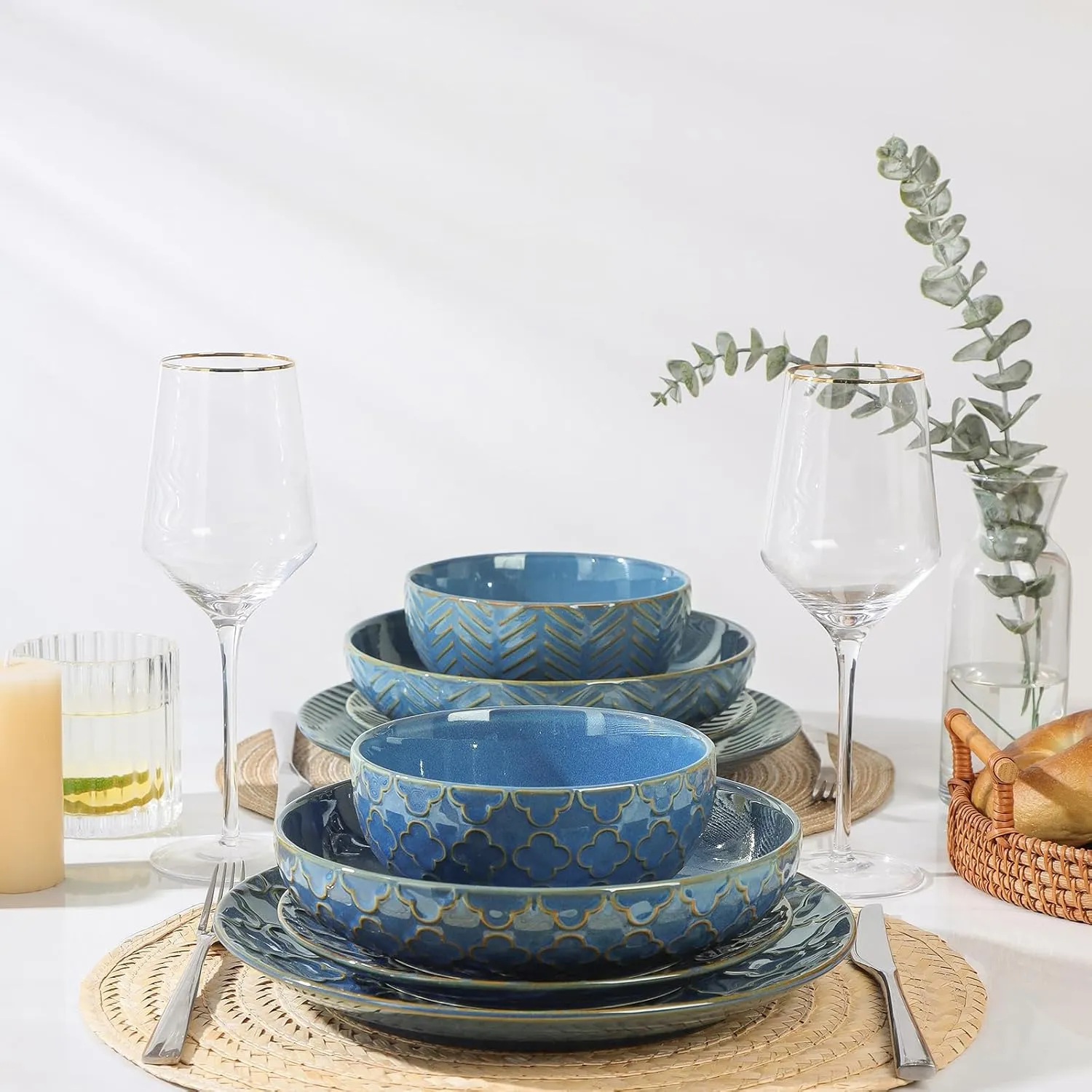 Sureasy Ceramic Dinnerware Set for 4-16 Pieces Embossed Plates and Bowls Sets, Scratch Resistant Dish Set, Microwave, Oven & Dishwasher Safe, Blue