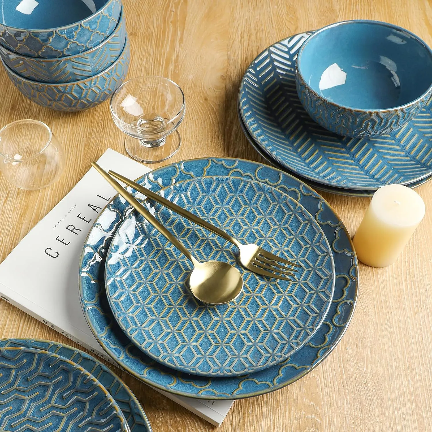 Sureasy Ceramic Dinnerware Set for 4-16 Pieces Embossed Plates and Bowls Sets, Scratch Resistant Dish Set, Microwave, Oven & Dishwasher Safe, Blue