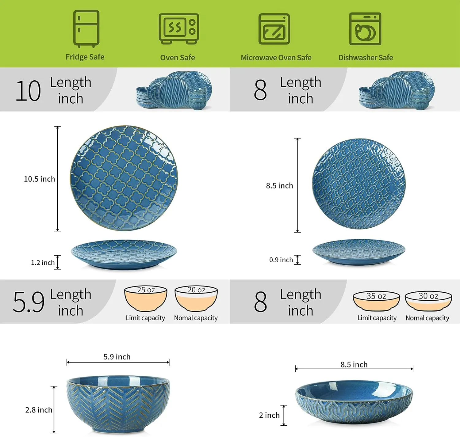 Sureasy Ceramic Dinnerware Set for 4-16 Pieces Embossed Plates and Bowls Sets, Scratch Resistant Dish Set, Microwave, Oven & Dishwasher Safe, Blue